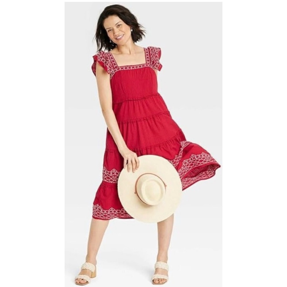 Knox Rose Embroidered Flutter Sleeve Tiered Midi Dress